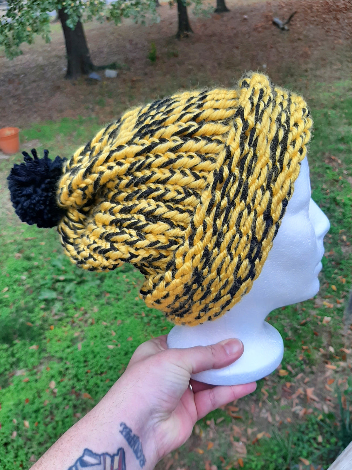 Adult Knit Yellow and Navy With Pom Pom SA #80