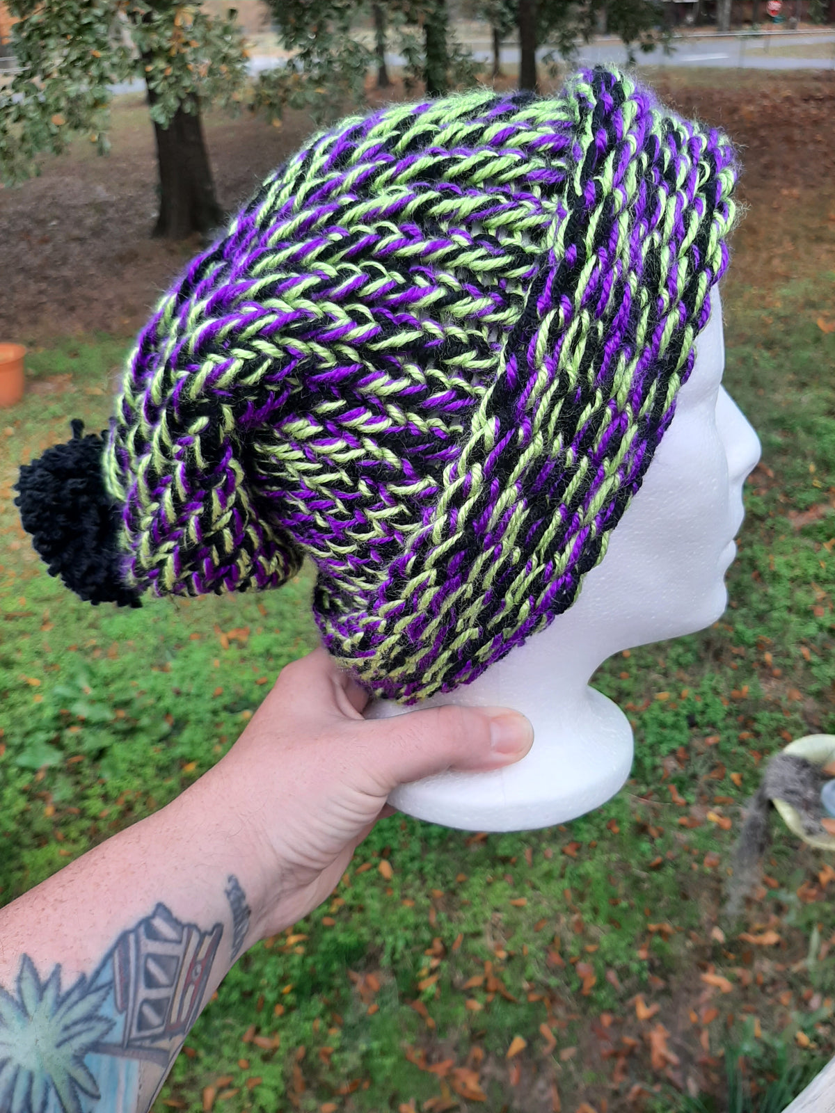 Adult Knit Lime Purple and Black With Pom Pom SA #81