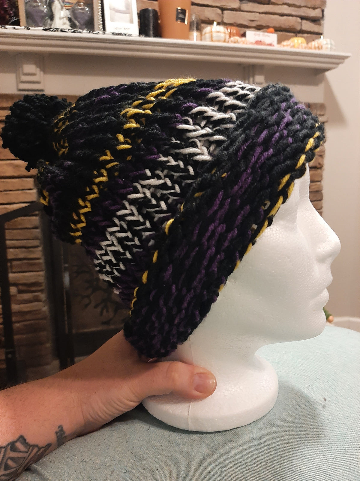 Adult Knit Black White Gold and Purple With Pom Pom SA #86