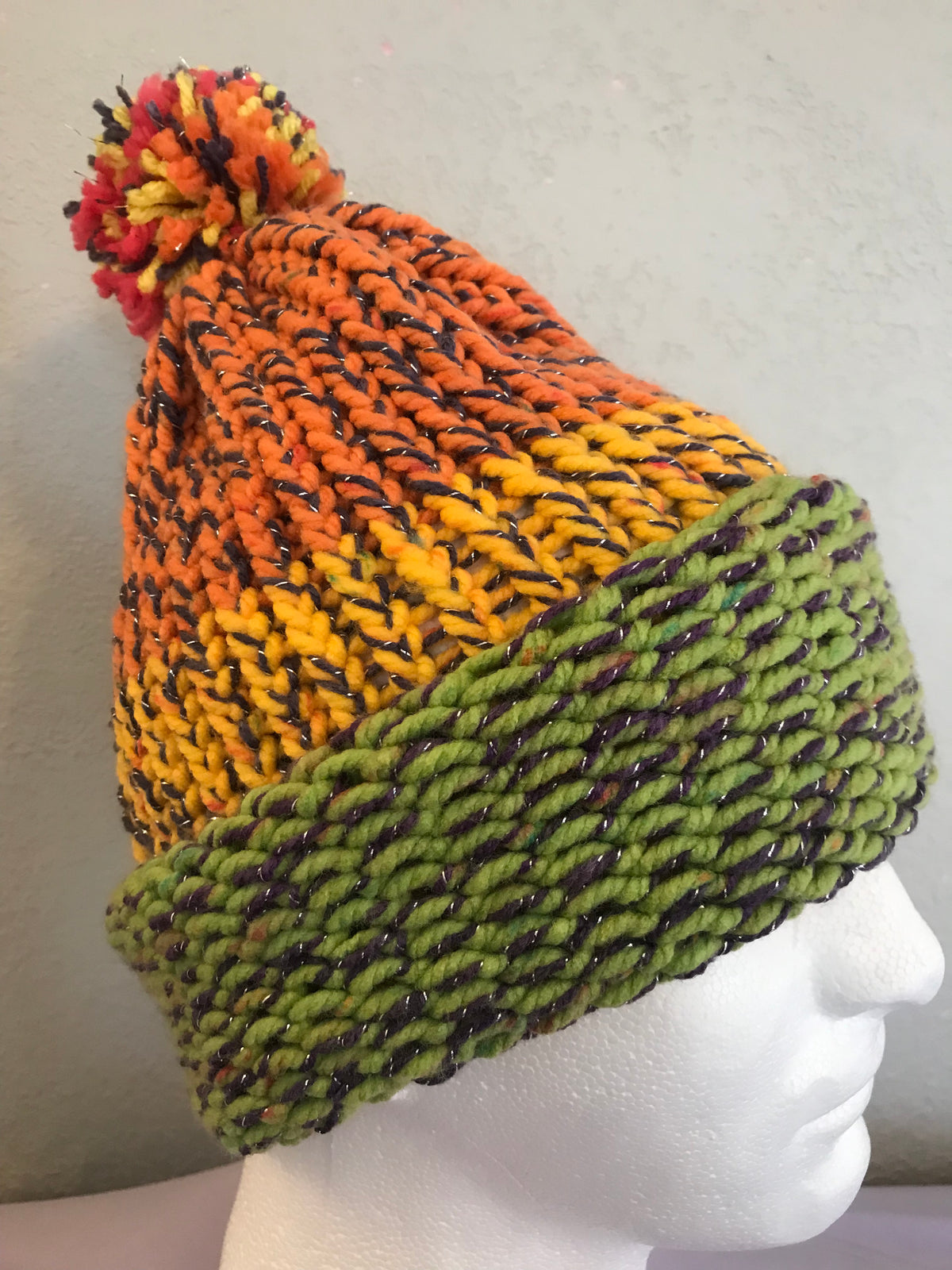 Adult Knit Orange Gold Green Variegated With Pom Pom SA #73