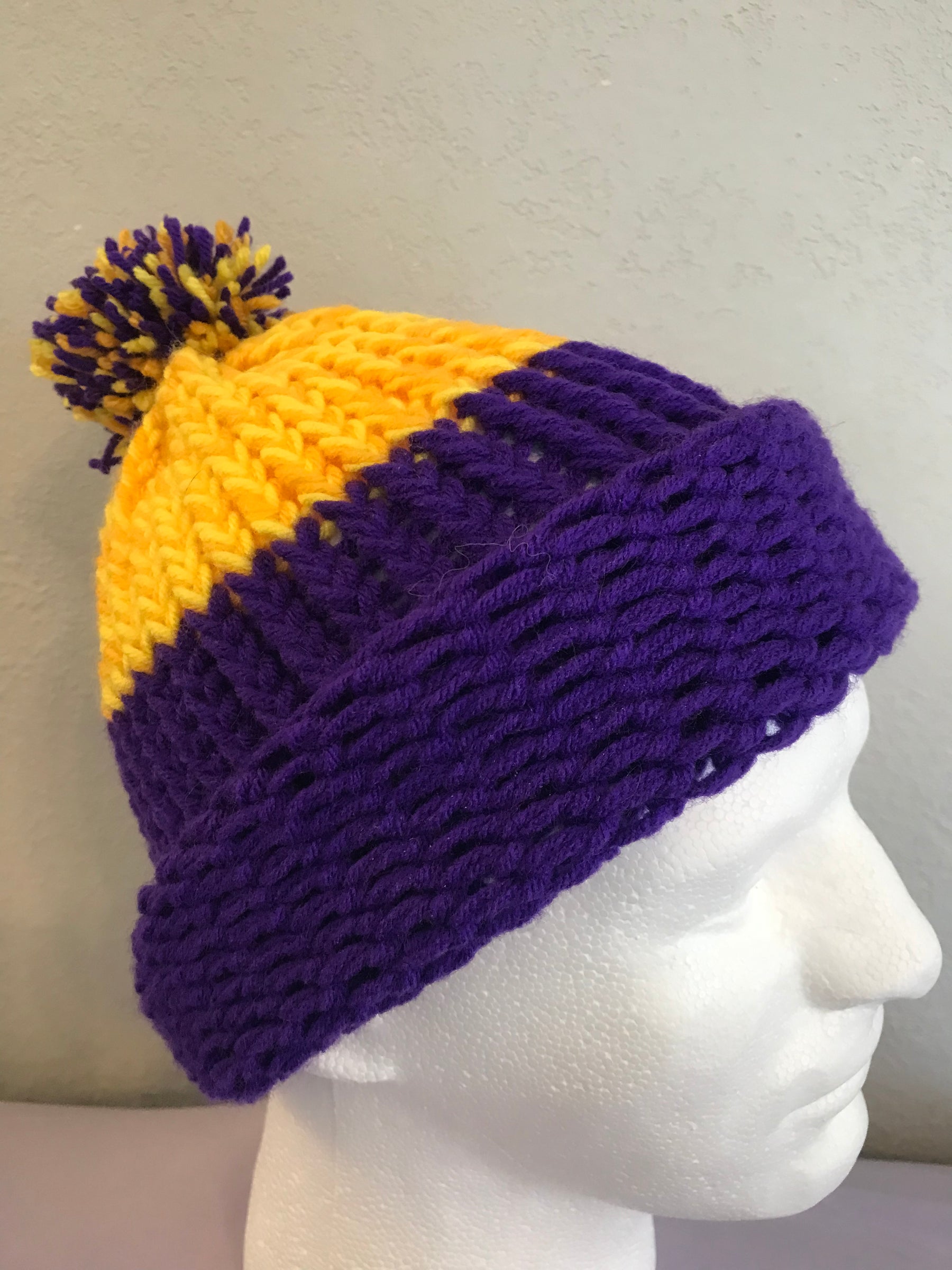 Adult Knit Purple and Gold With Pom Pom SA #74