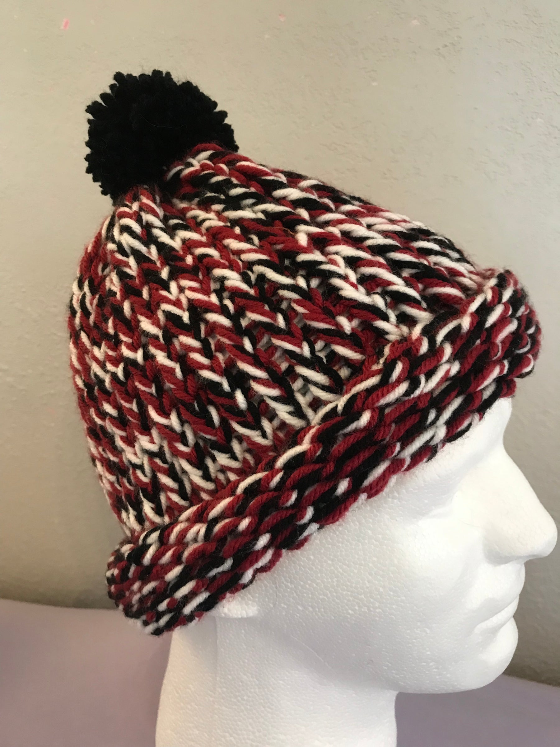 Adult Knit Crimson White Black Variegated With Pom Pom SA #78