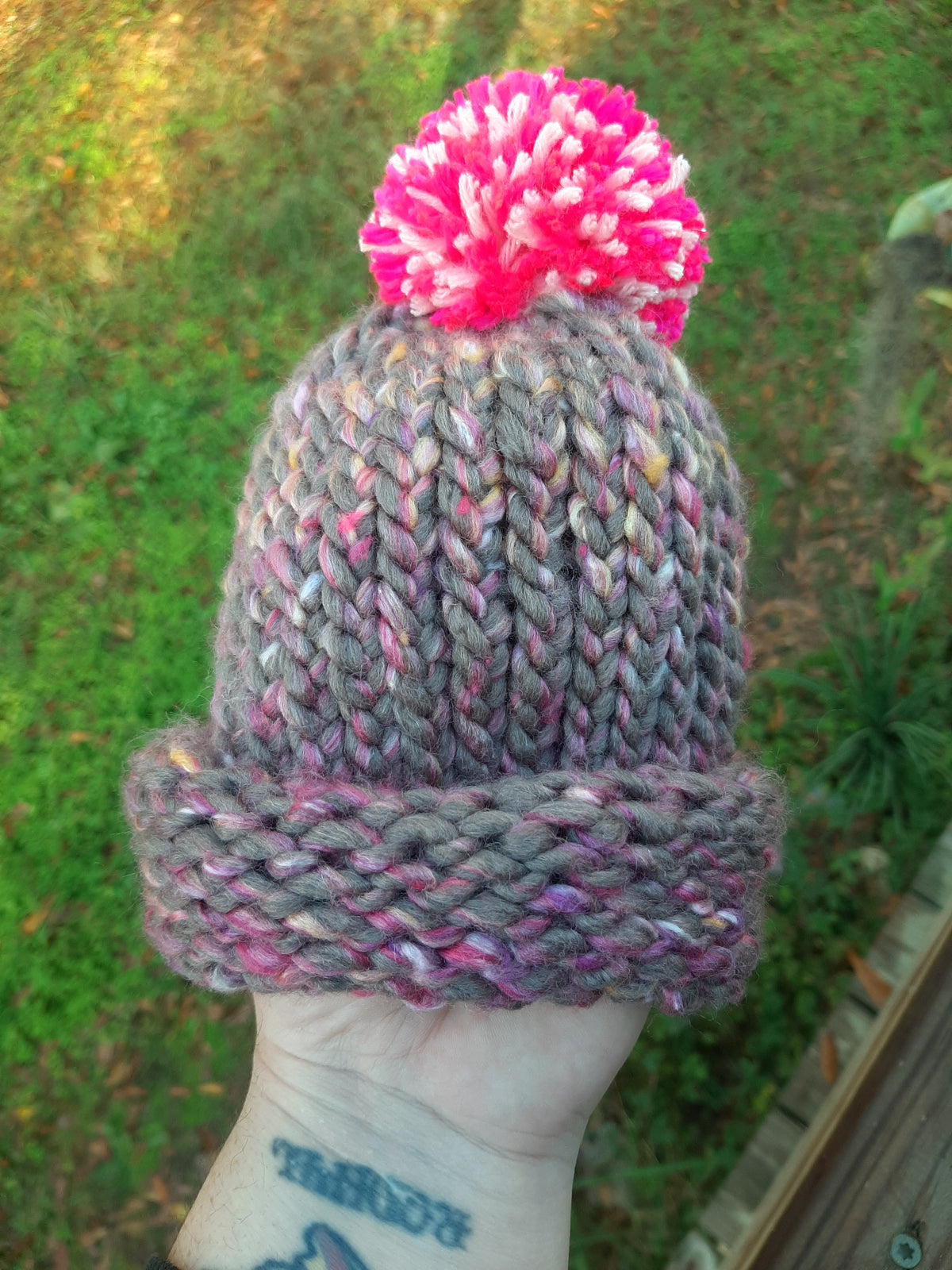 Toddler Knit Gray and Pink Variegated With Pink Pom SA #98