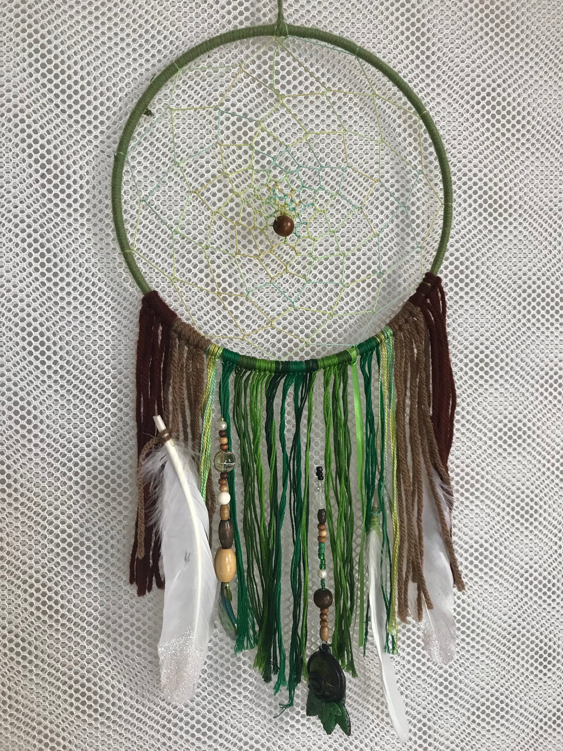 Wall Hanging 8" Green Brown With Feathers & Beads #Y002