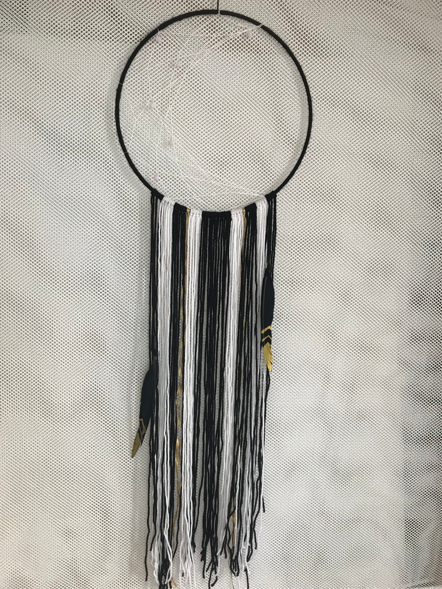 Wall Hanging 12" Black White Gold Half Moon With Feathers #Y003