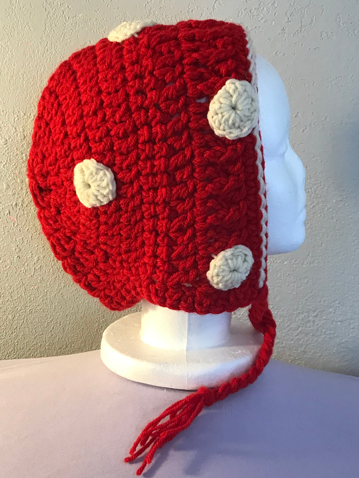 Crochet Red Bonnet With Swirls #Z009